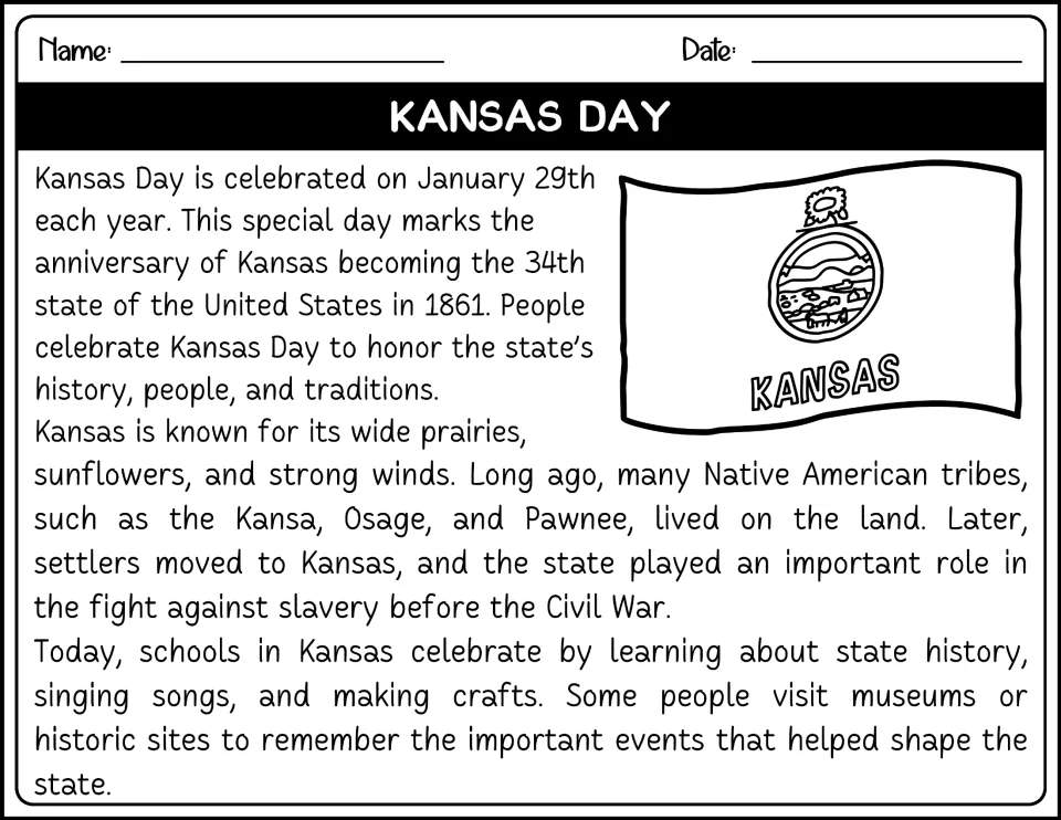 Black-and-white reading passage about Kansas statehood, prairies, sunflowers, and January 29 celebrations