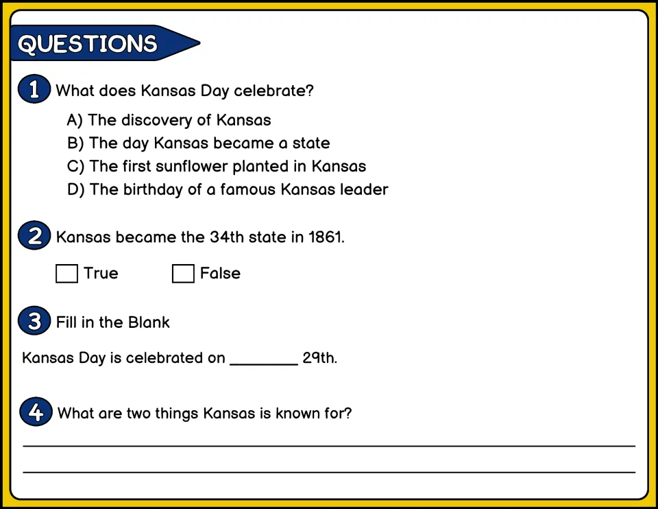 Color comprehension questions 1–4 ask about Kansas statehood, the celebration date, and what Kansas is known for