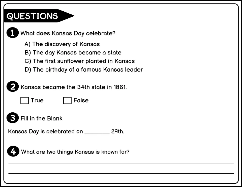 Black-and-white questions 1–4 cover Kansas becoming a state, the year 1861, January 29, and state features