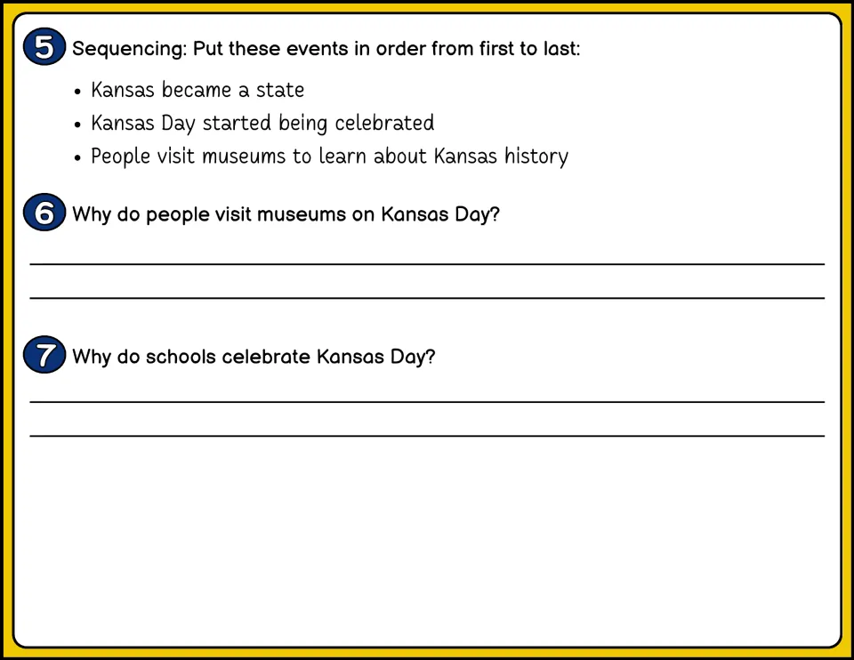 Color questions 5–7 ask students to sequence Kansas events and explain museum visits and school celebrations