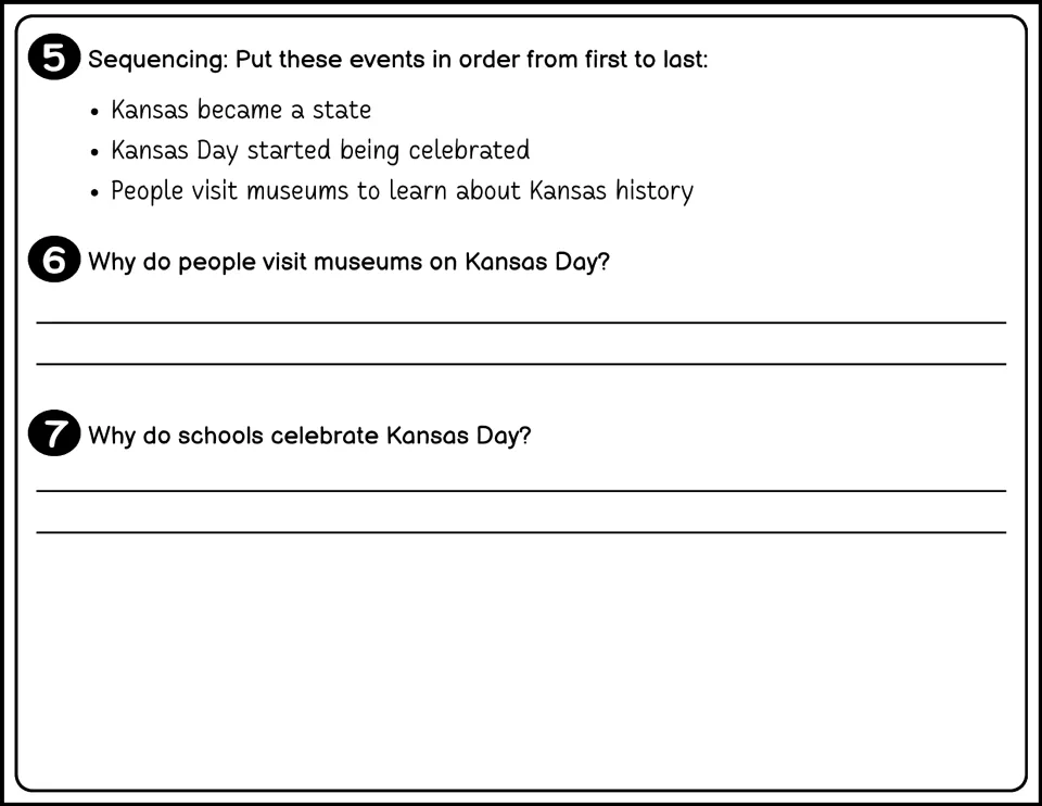 Black-and-white questions 5–7 cover event order, reasons for museum visits, and why schools celebrate Kansas Day