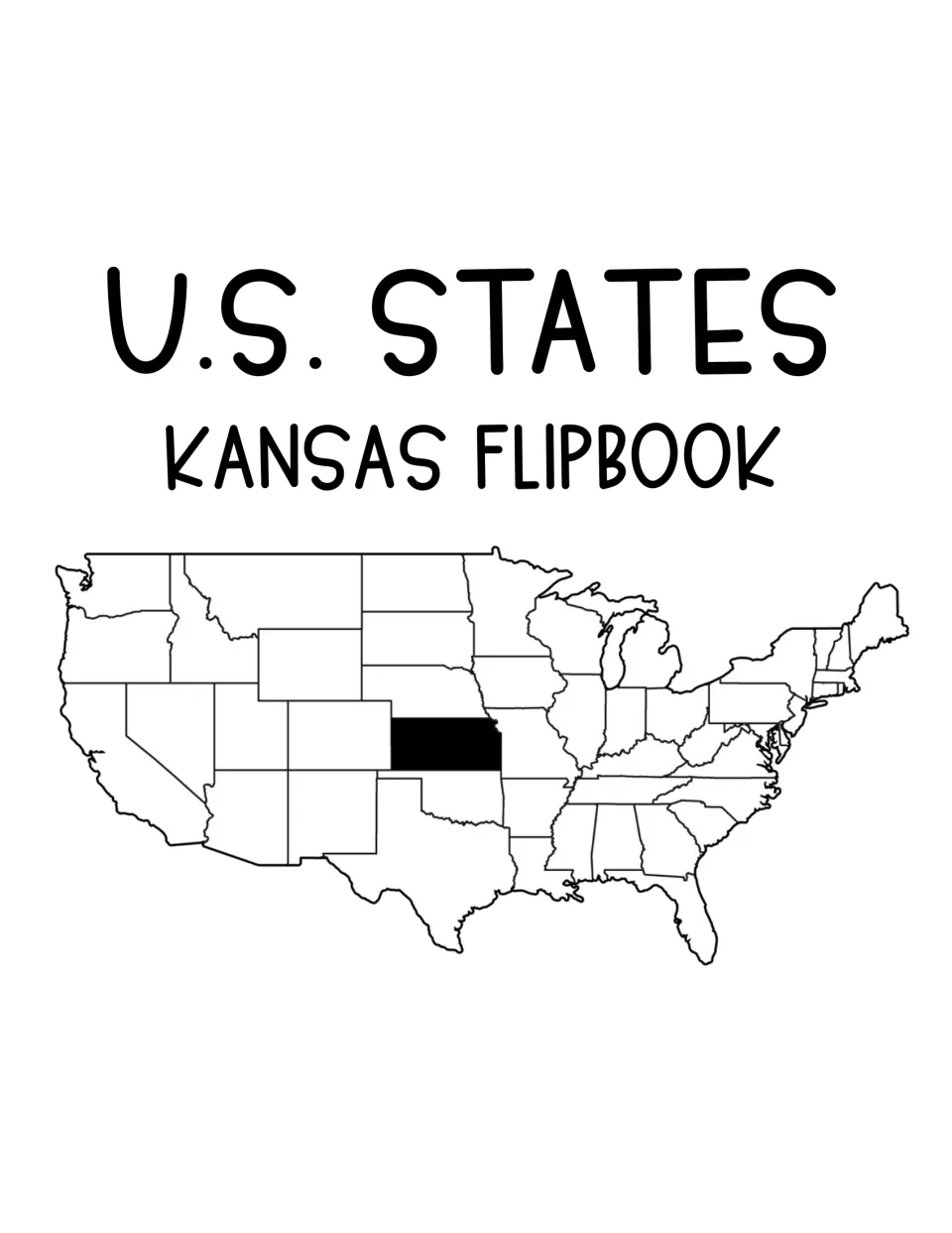 U.S. States Kansas Flipbook cover showing a United States outline map with Kansas shaded black among the other states