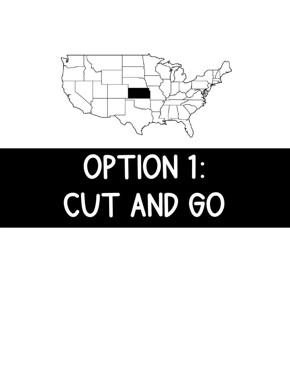 Option 1: Cut and Go section divider with a small U.S. map highlighting Kansas, marking the start of the cut-out pages