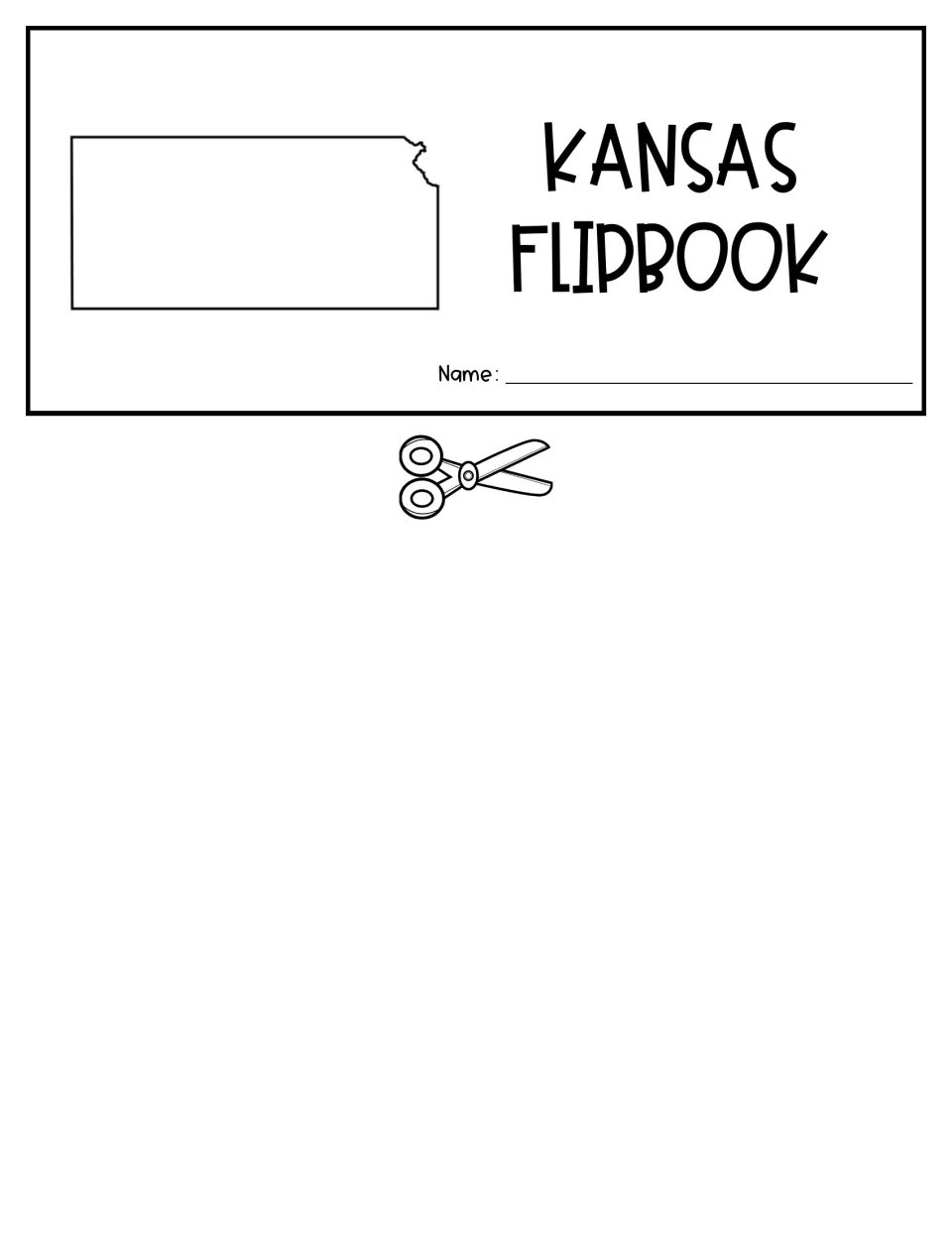 Kansas flipbook title flap to cut out, showing a blank Kansas state outline, the title and a name line for the student