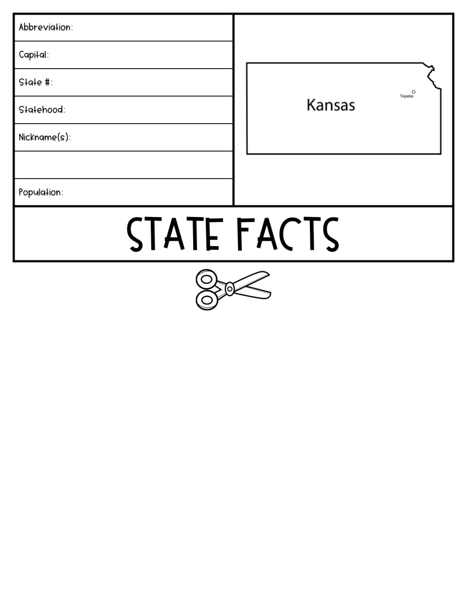 State facts flap: students record Kansas abbreviation, capital, state number, statehood, nicknames and population