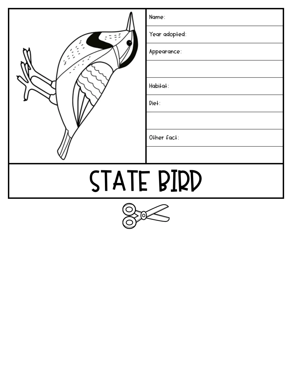 State bird flap: students write its name, year adopted, appearance, habitat, diet and another fact beside a bird drawing