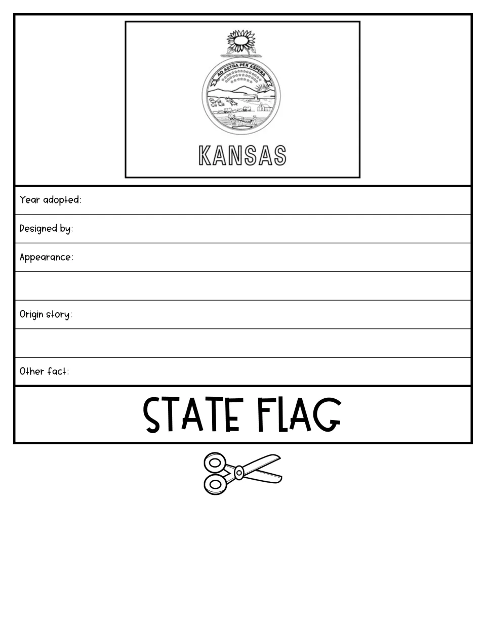 State flag flap with the Kansas flag, seal and sunflower; students record year adopted, designer and origin story
