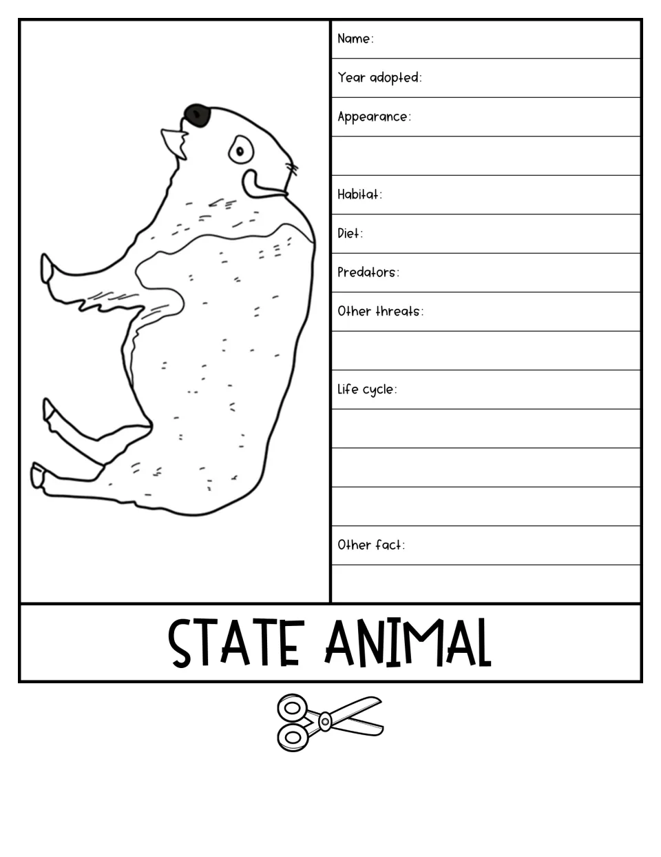 State animal flap with a bison drawing: students record year adopted, habitat, diet, predators, threats and life cycle