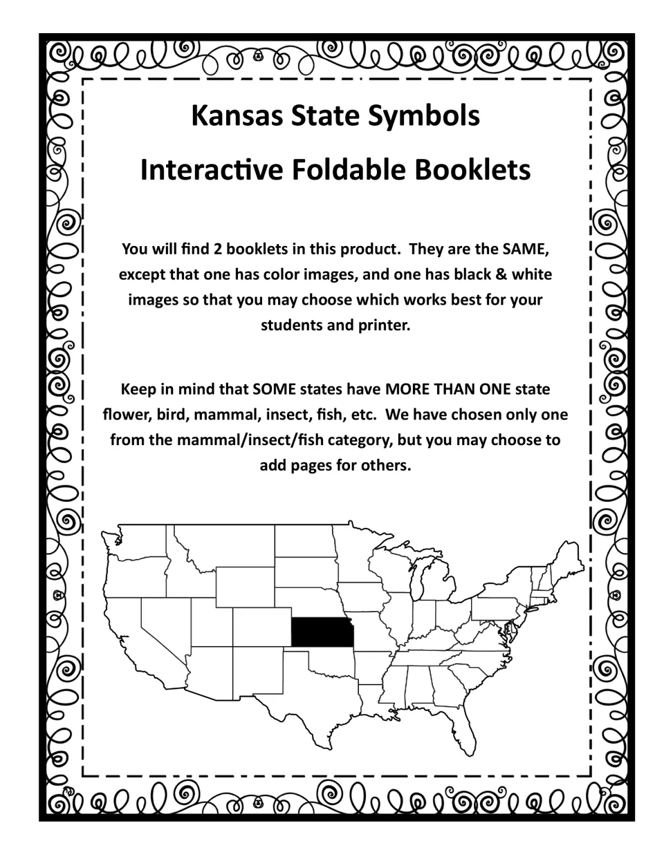 Kansas booklet overview: explains color and black-and-white versions and notes some states have more than one symbol