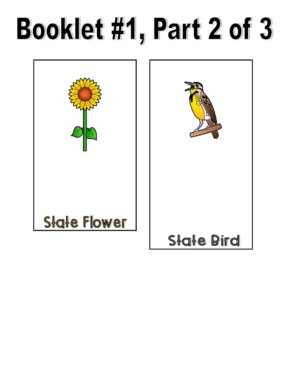 Kansas booklet 1, part 2 of 3: color cut-out pages showing a sunflower for State Flower and a meadowlark for State Bird