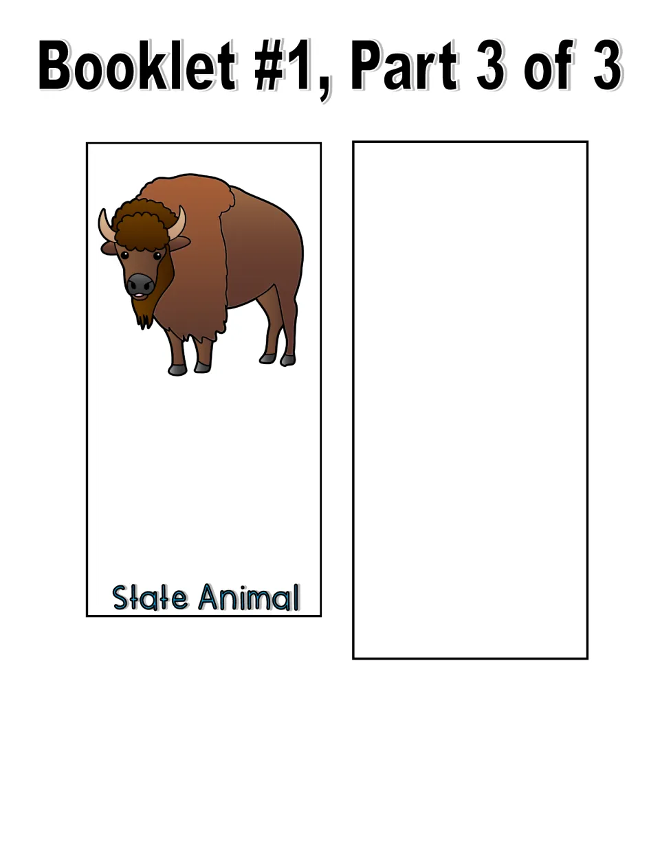 Kansas booklet 1, part 3 of 3: color cut-out State Animal page with a bison, plus a blank extra page for another symbol
