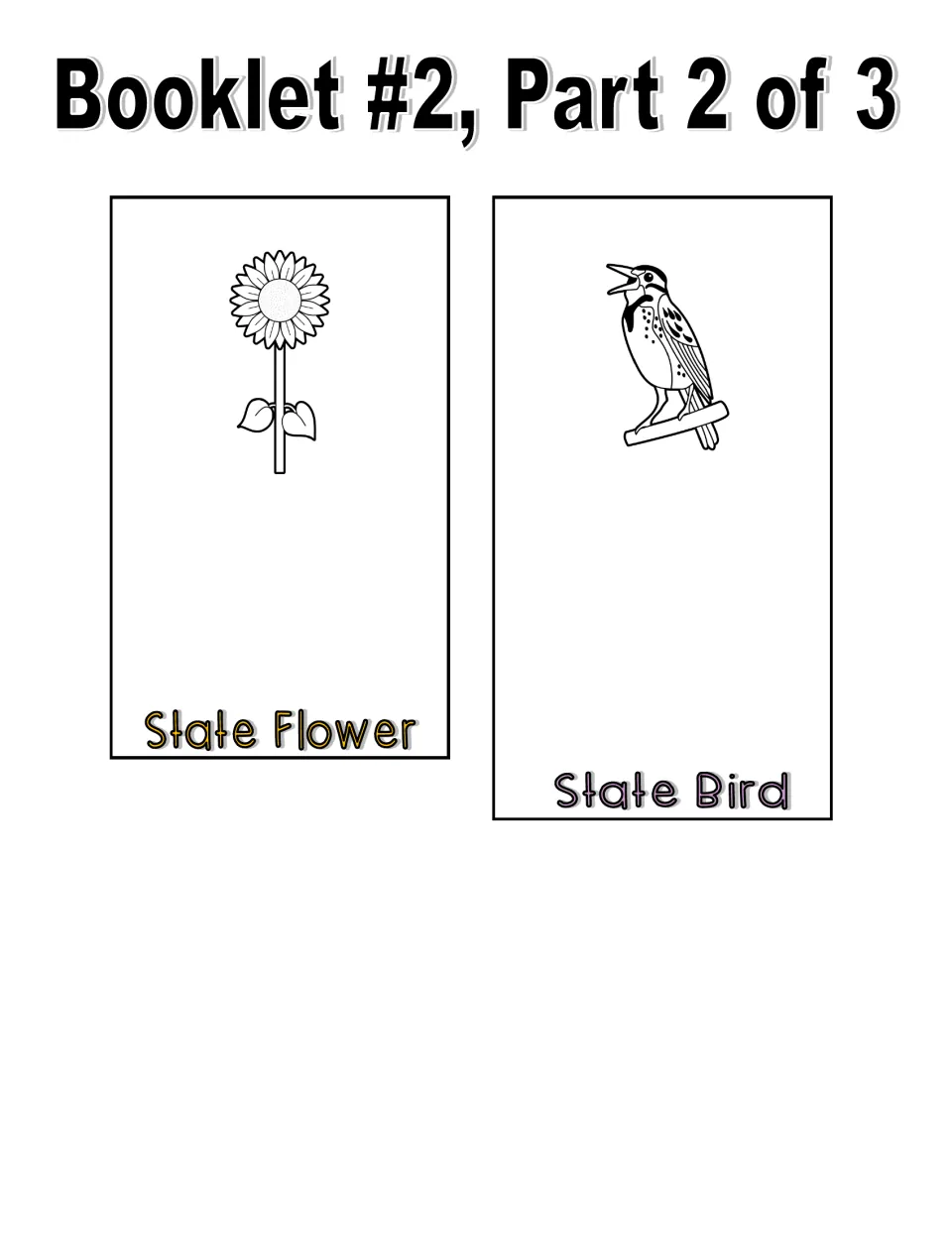 Kansas booklet 2, part 2 of 3: line-art cut-out pages with a sunflower for State Flower and a meadowlark for State Bird