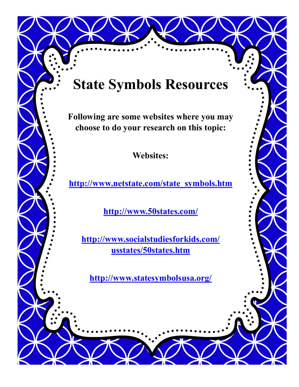 State Symbols Resources: list of four websites, including netstate.com and statesymbolsusa.org, for researching symbols