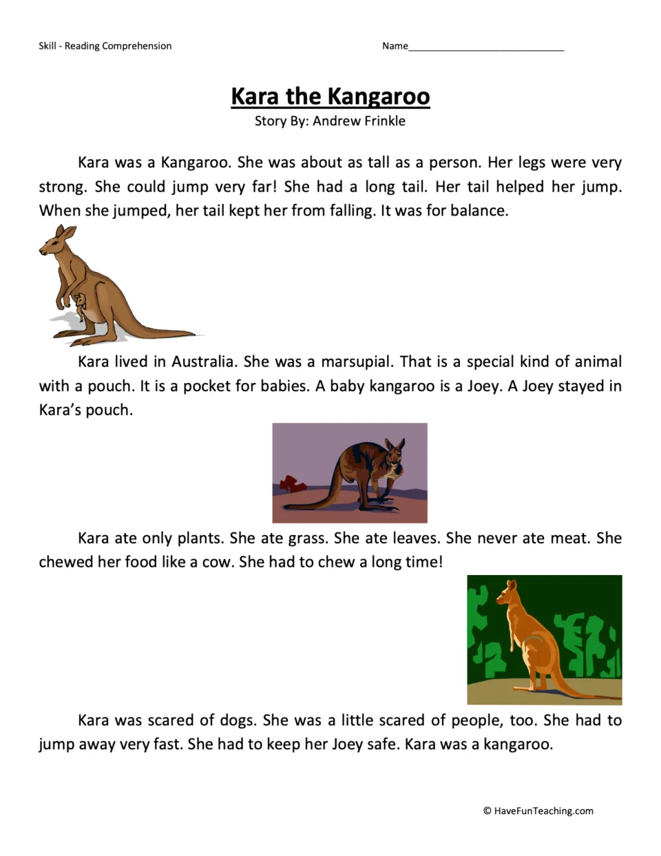 Kangaroo reading passage: students read about Kara's strong legs, tail, pouch, Joey, plant diet and life in Australia