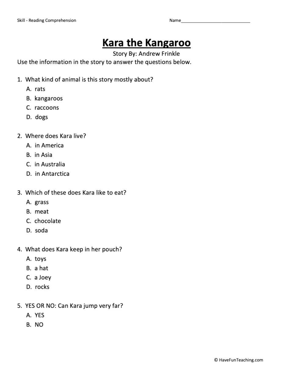 Kangaroo story questions: students answer five multiple-choice items on Kara's home, food, pouch and jumping