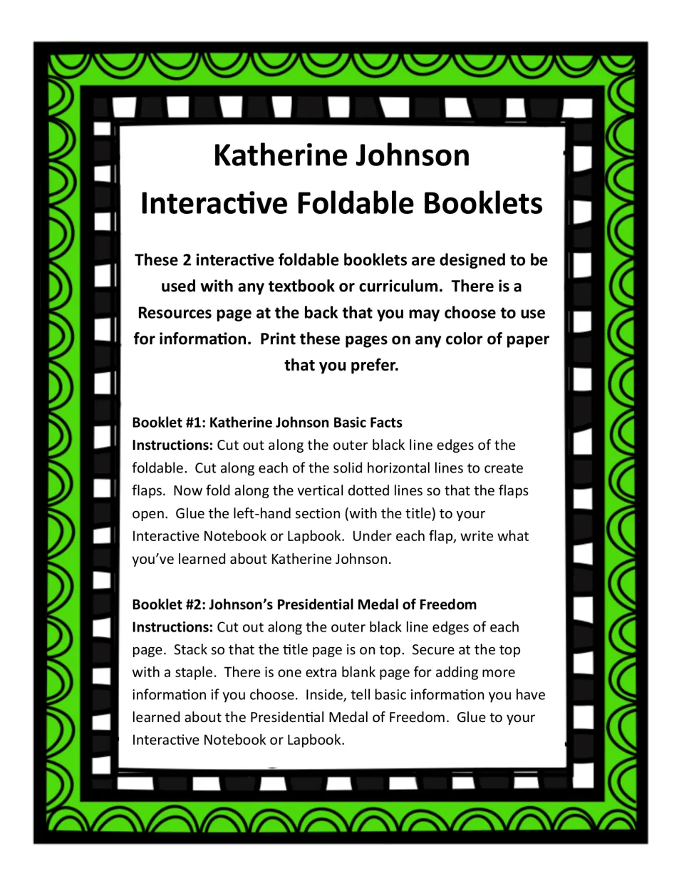 Assembly instructions for both booklets explain cutting, folding, gluing, stapling, and adding research notes
