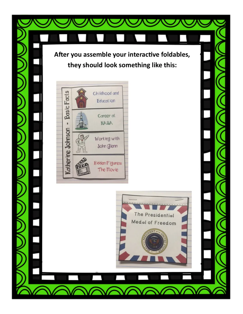 Completed booklet examples show the four basic-facts flaps and the stapled Presidential Medal of Freedom book