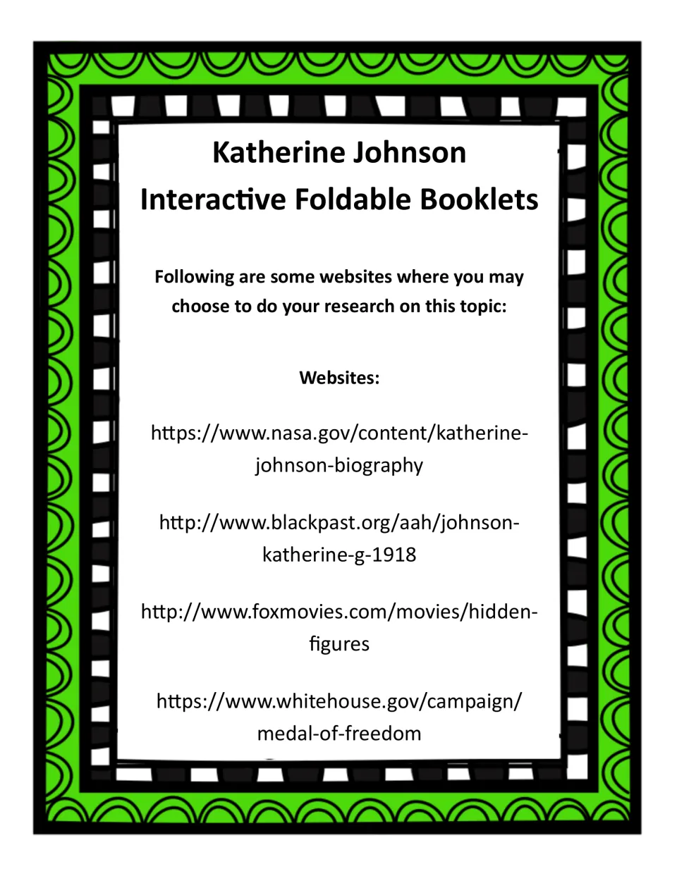Research resource page lists NASA, BlackPast, Hidden Figures, and White House websites for the two booklets