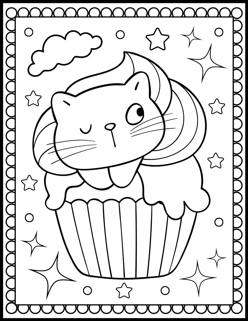 Cat in a cupcake coloring: a winking kitten peeks from swirled frosting in a striped cupcake liner among stars and a cloud