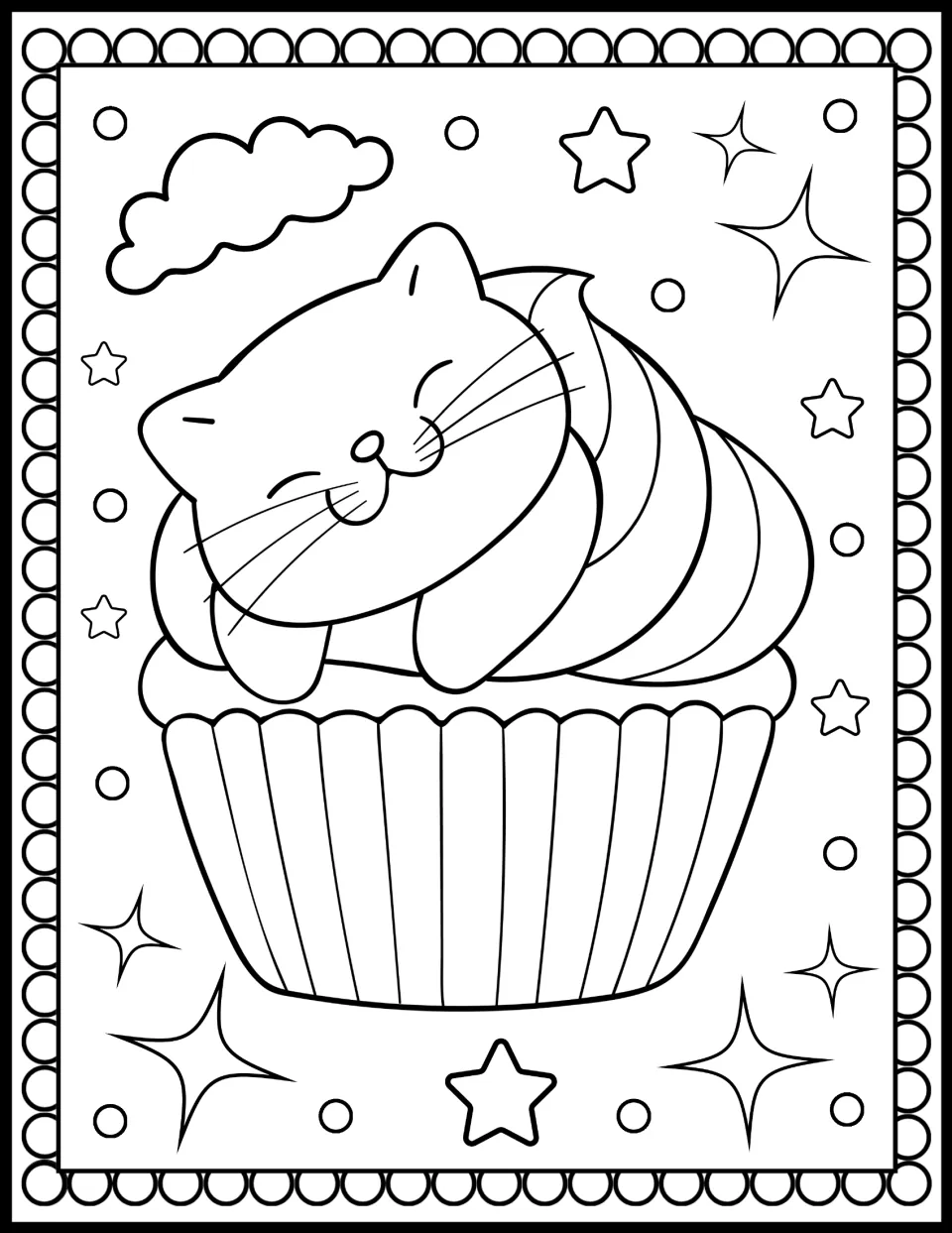 Sleepy cat coloring: a smiling kitten with closed eyes lies on striped swirl frosting atop a cupcake under a cloud