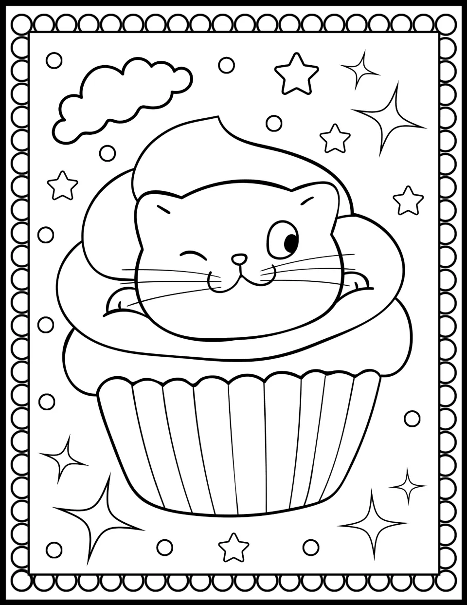 Winking cat coloring: a kitten pokes its head and paws out of a large frosting swirl on a cupcake amid stars