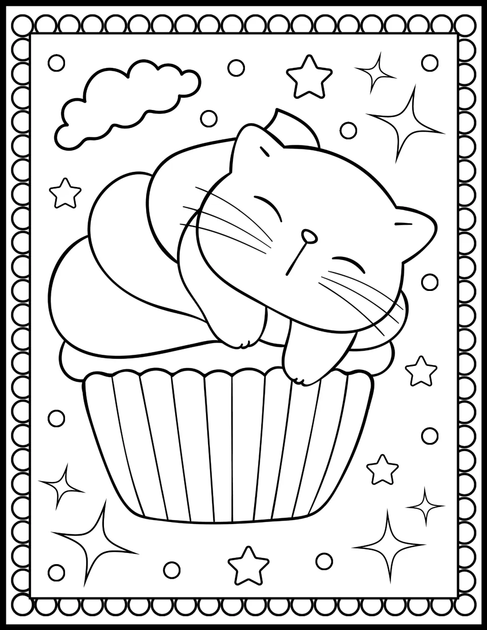 Napping cat coloring: a kitten curls over layered frosting with paws draped on the cupcake liner, surrounded by stars