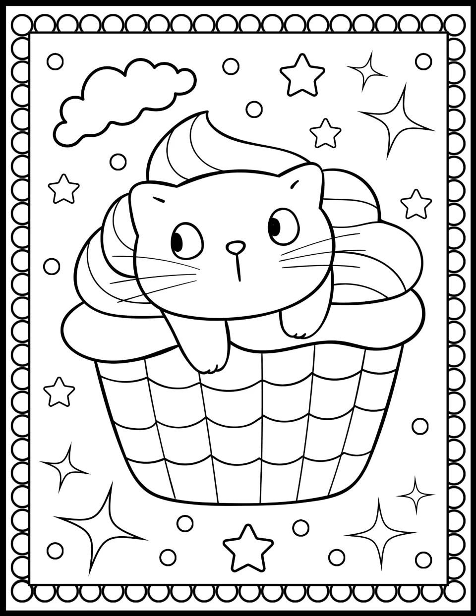 Wide-eyed cat coloring: a kitten sits in swirled frosting on a cupcake whose liner has a wavy checkered pattern to color