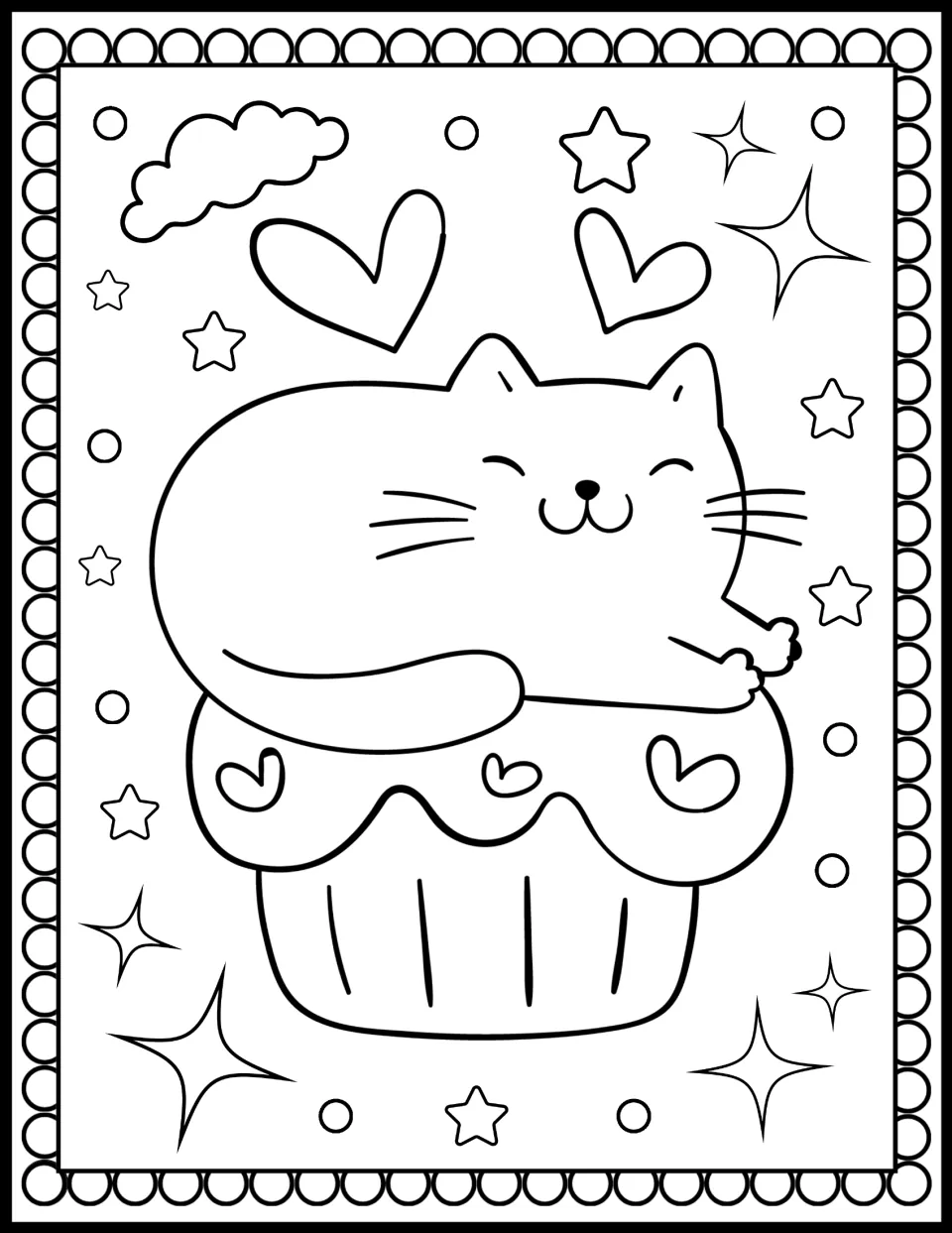 Hugging cat coloring: a smiling round cat lies on a cupcake decorated with little hearts, with two hearts floating above