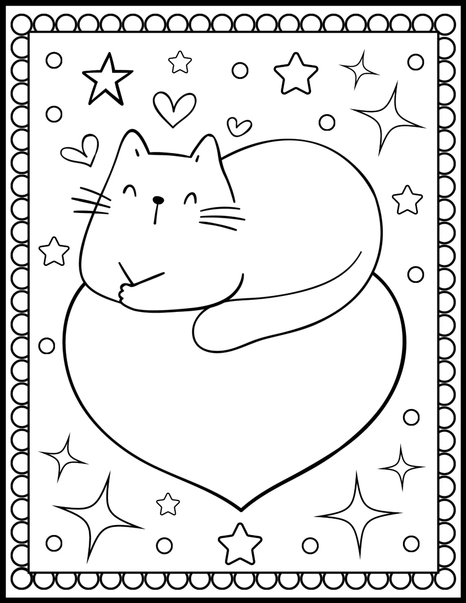 Cat on a heart coloring: a content cat with closed eyes curls on top of a big heart, with small hearts and stars