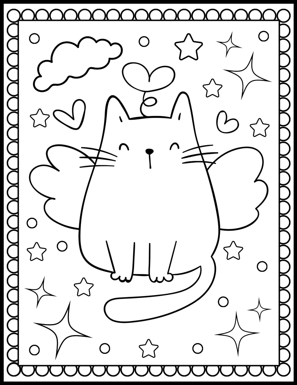 Angel cat coloring: a seated cat with small wings and a curly heart antenna on its head, surrounded by hearts and stars