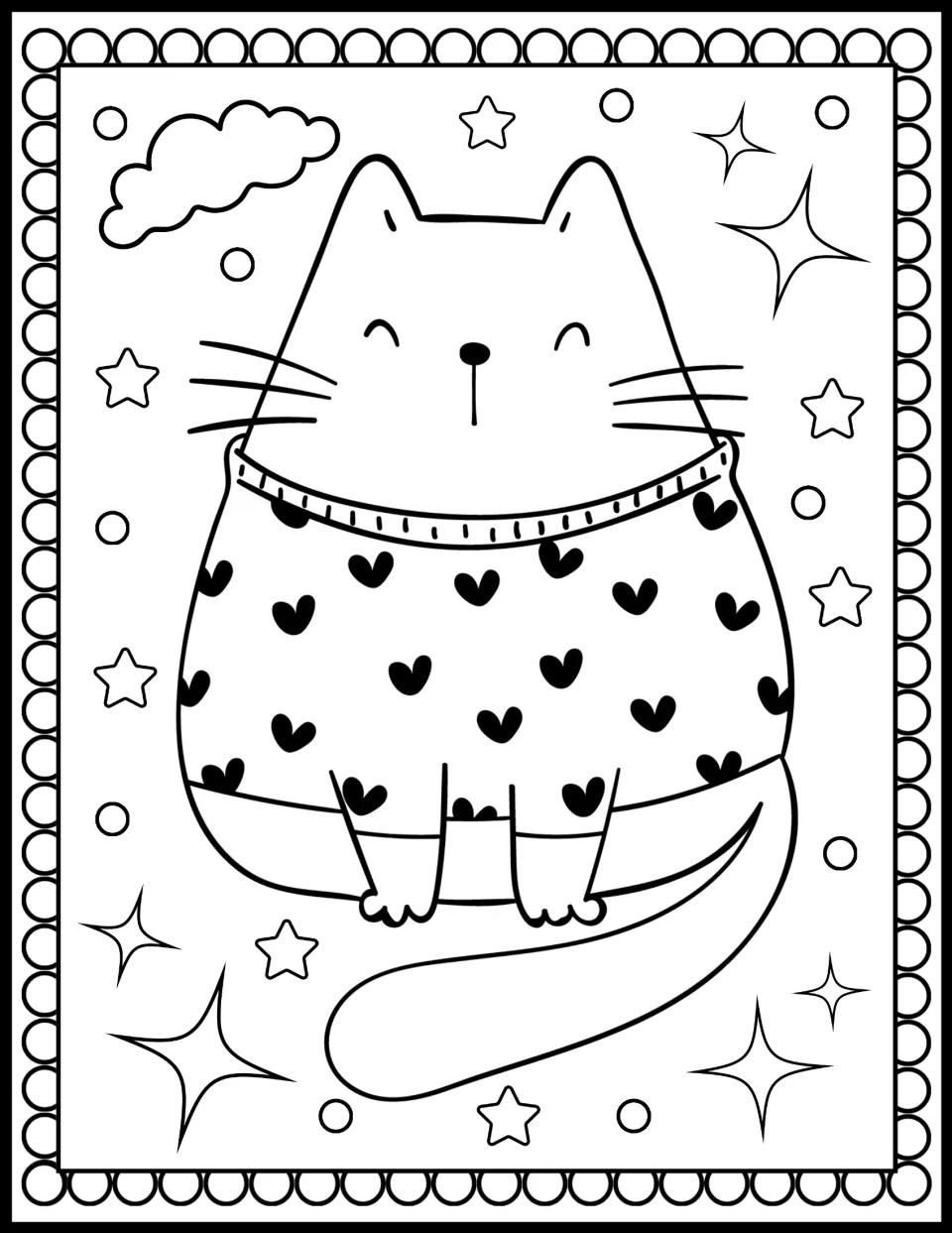 Sweater cat coloring: a plump smiling cat wears a sweater covered in solid black hearts, with its long tail curled below