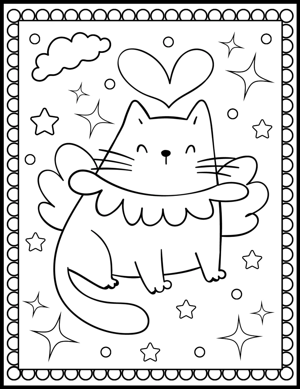 Winged cat with a frilly collar coloring: a smiling cat with wings sits under a big heart among stars and sparkles