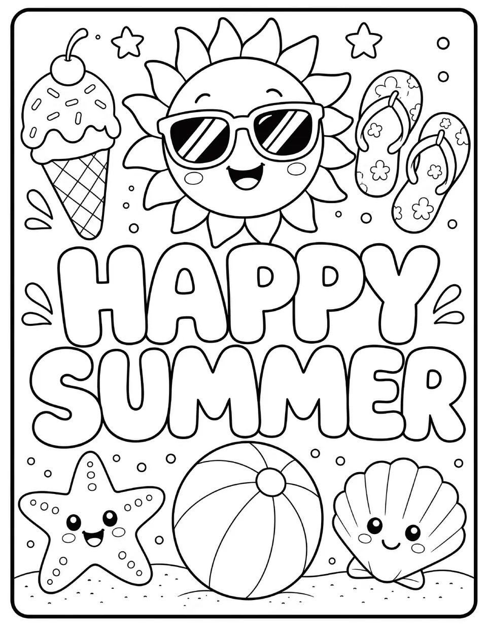 Happy Summer coloring page: students color bubble letters, a sun in sunglasses, ice cream, flip-flops and a beach ball