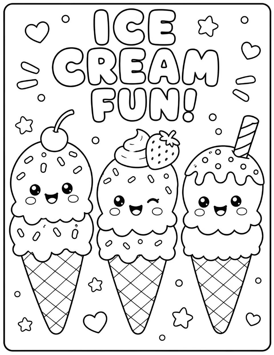 Ice Cream Fun coloring page: students color three smiling ice cream cones topped with a cherry, a strawberry and a wafer