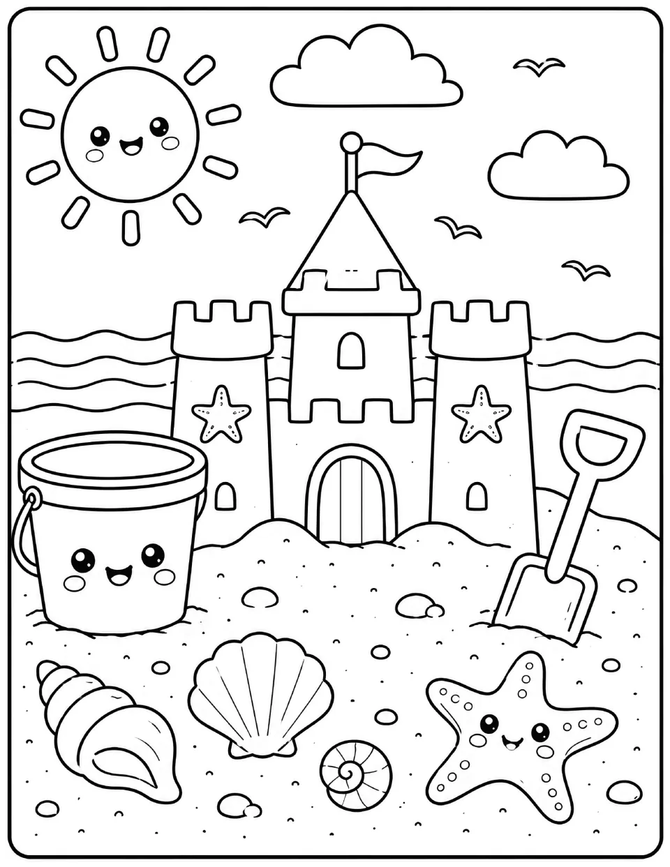 Beach sandcastle coloring scene: students color a castle with a flag, a smiling bucket, a shovel, shells and a starfish