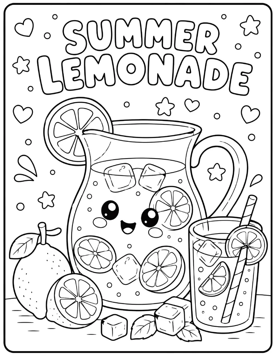 Summer Lemonade coloring page: students color a pitcher of lemonade with ice, lemon slices and a glass with a straw