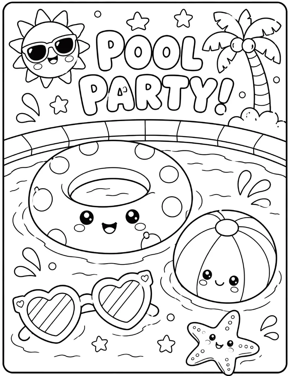Pool Party coloring page: students color a swim ring and beach ball in the pool, heart sunglasses and a palm tree