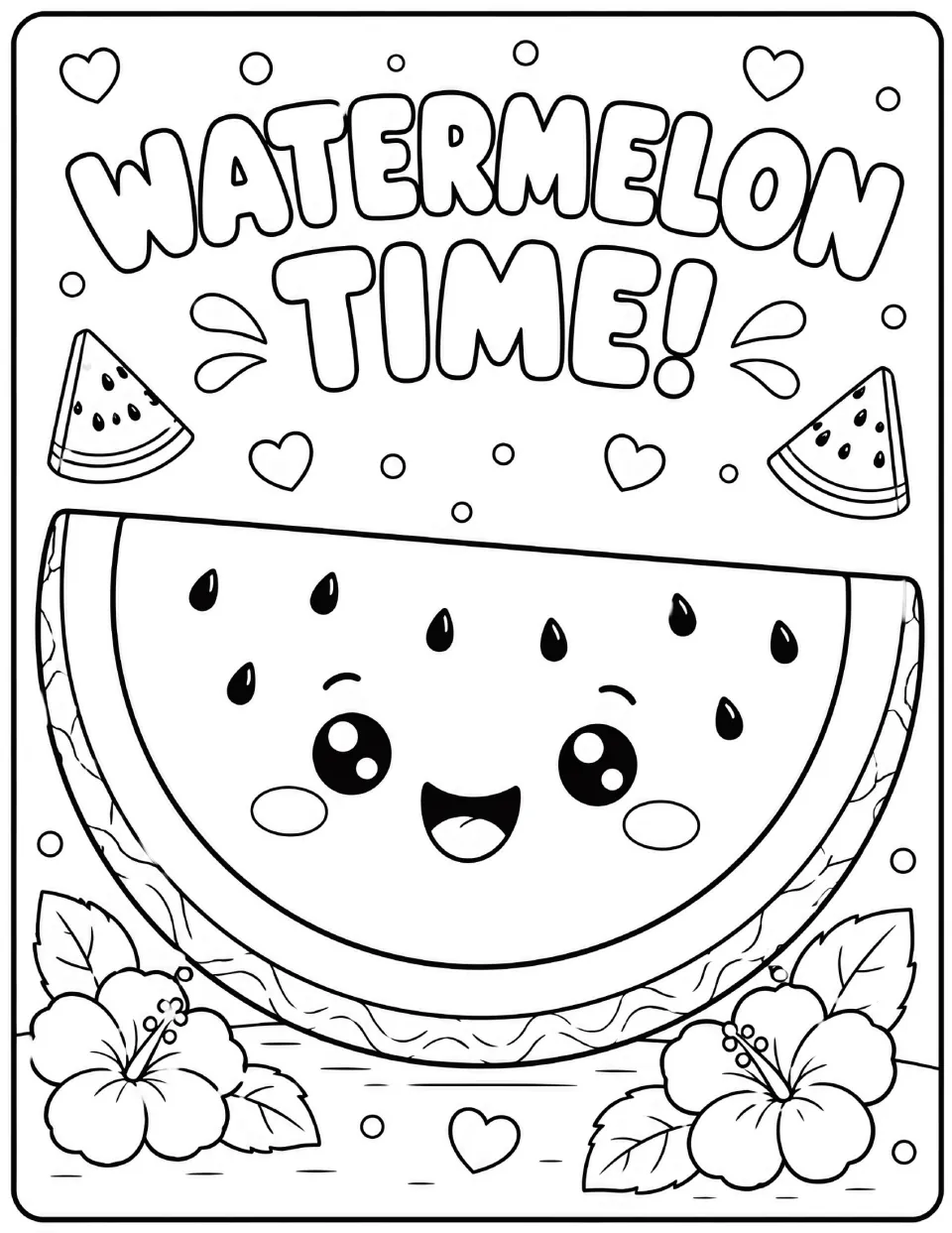Watermelon Time coloring page: students color a large smiling watermelon slice with hibiscus flowers and small slices