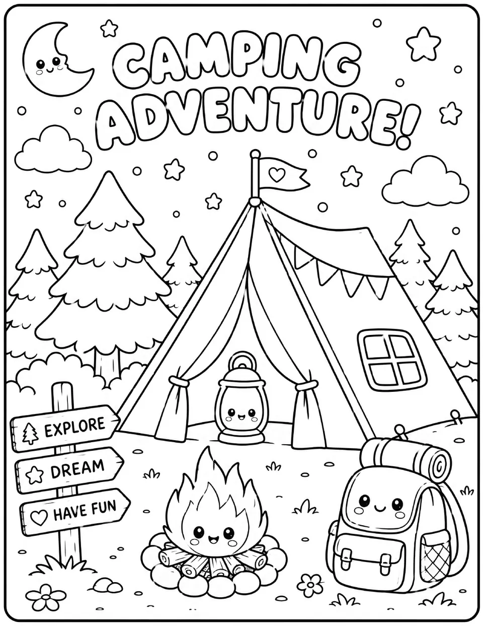 Camping Adventure coloring page: students color a tent, campfire, lantern, backpack and an Explore, Dream, Have Fun sign