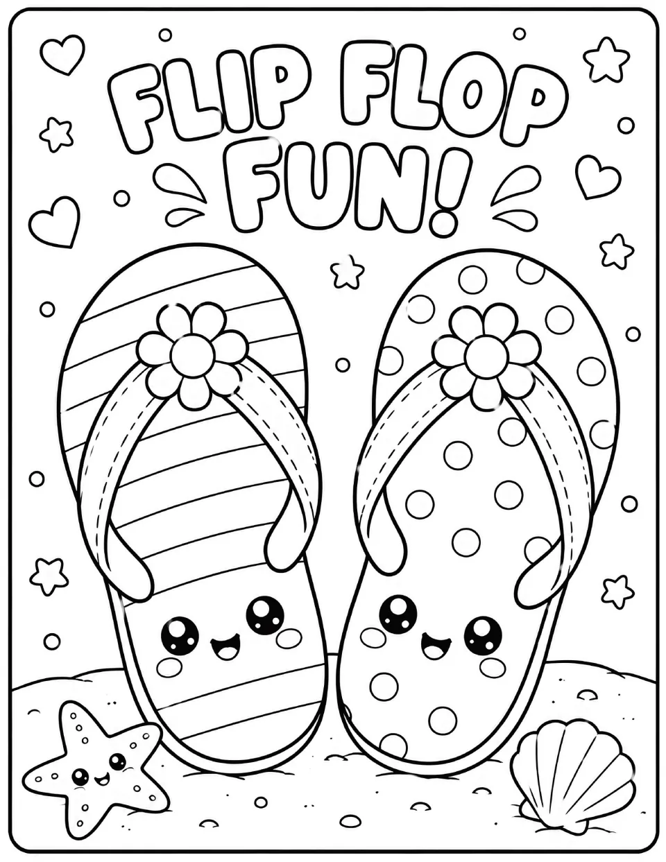 Flip Flop Fun coloring page: students color a smiling pair of flip-flops, one striped and one polka-dot, on the sand