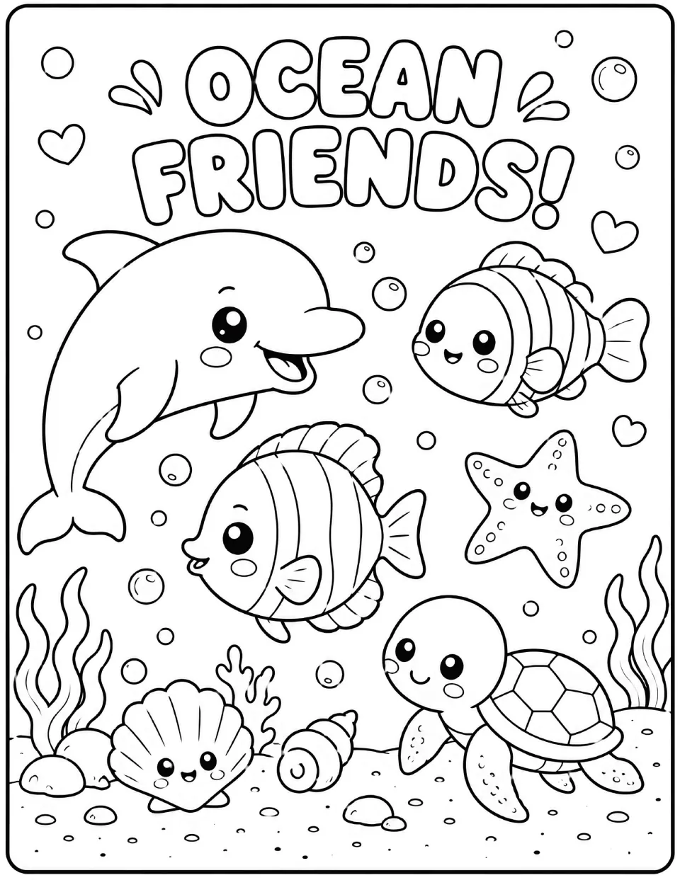 Ocean Friends coloring page: students color a smiling dolphin, two striped fish, a starfish, a sea turtle and a seashell