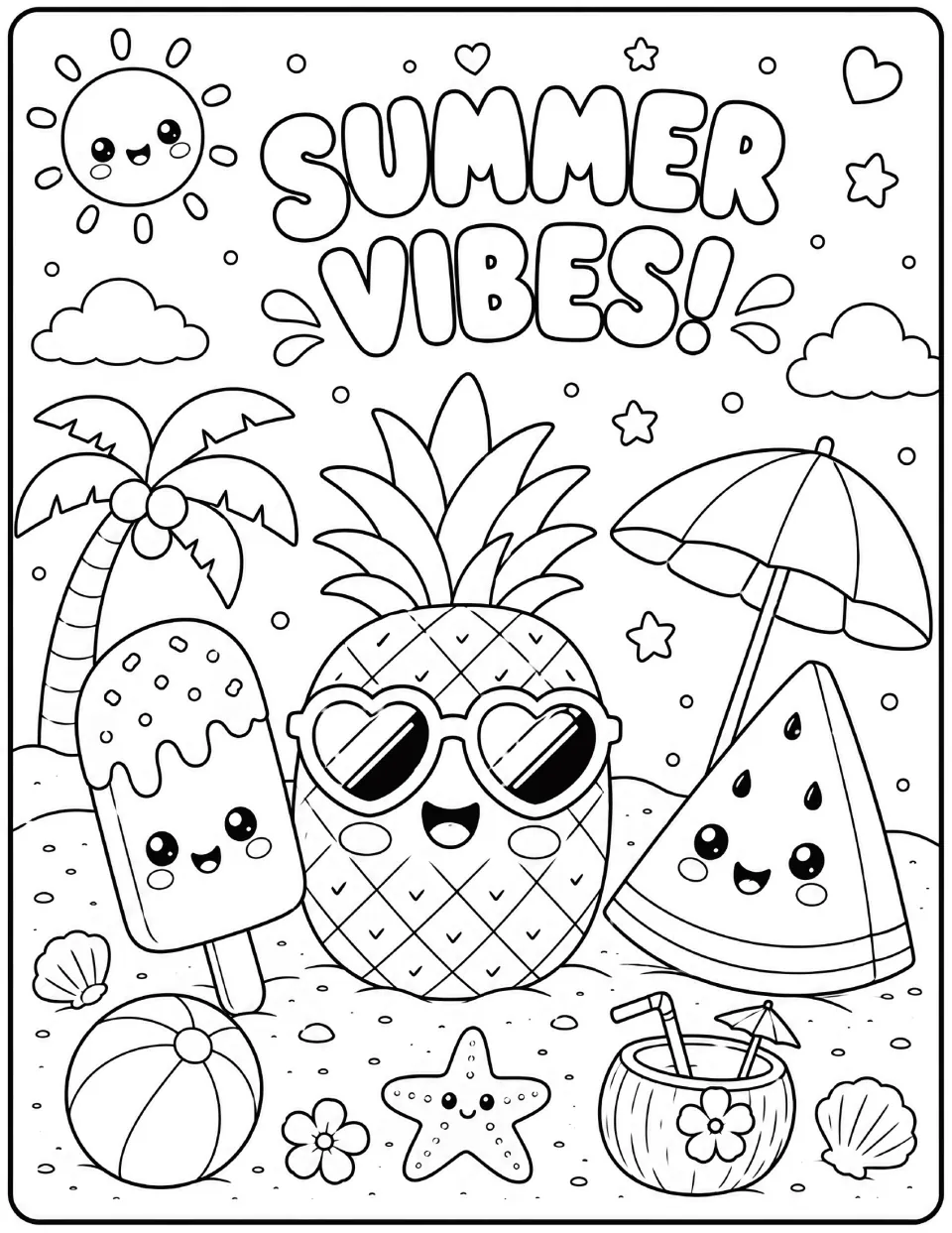 Summer Vibes coloring page: students color a pineapple in heart sunglasses, a popsicle, watermelon and a coconut drink