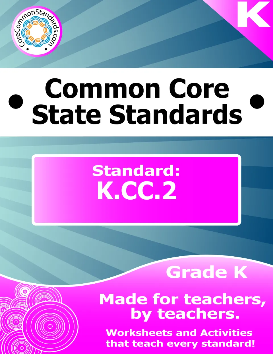 Cover of the kindergarten counting resource labeled Common Core State Standards, Standard K.CC.2, and Grade K