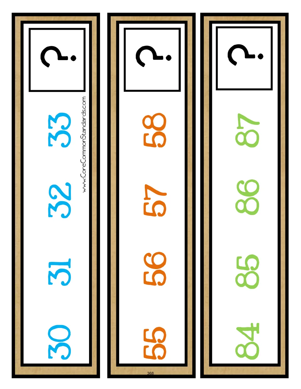 Counting sequence cards 1–3 of nine: 30–33, 55–58, and 84–87, each asking students to find the next number