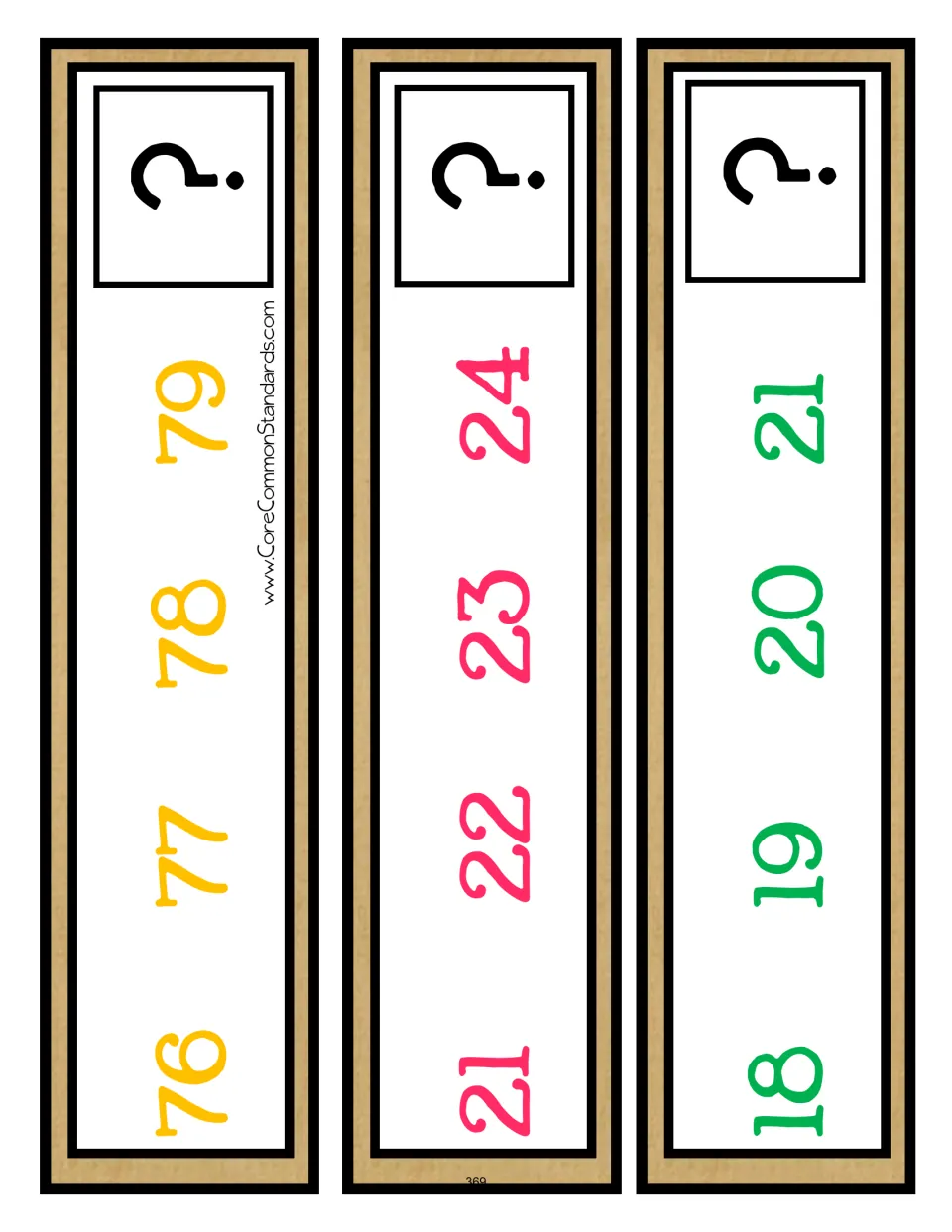 Counting sequence cards 4–6 of nine: 76–79, 21–24, and 18–21, each asking students to find the next number