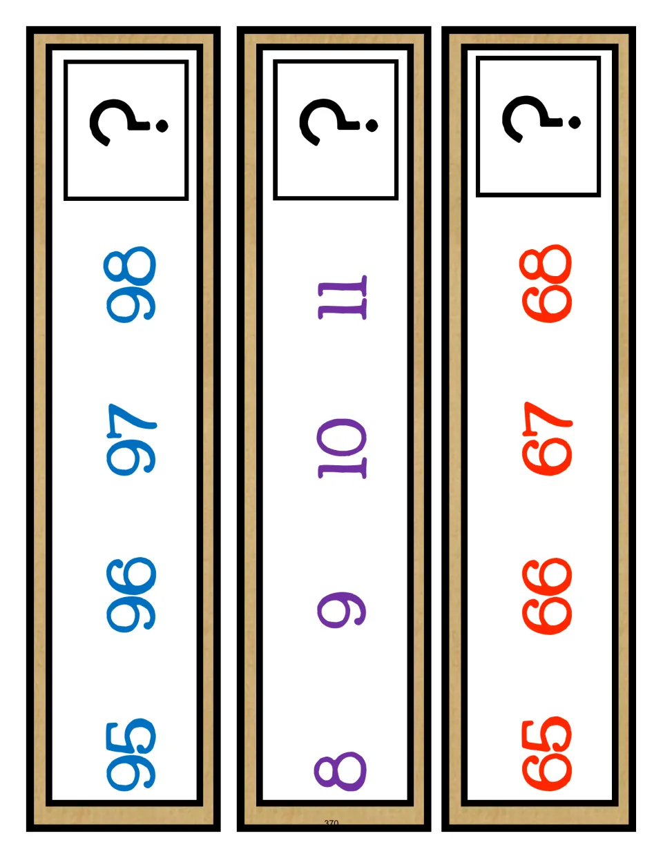 Counting sequence cards 7–9 of nine: 95–98, 8–11, and 65–68, each asking students to find the next number