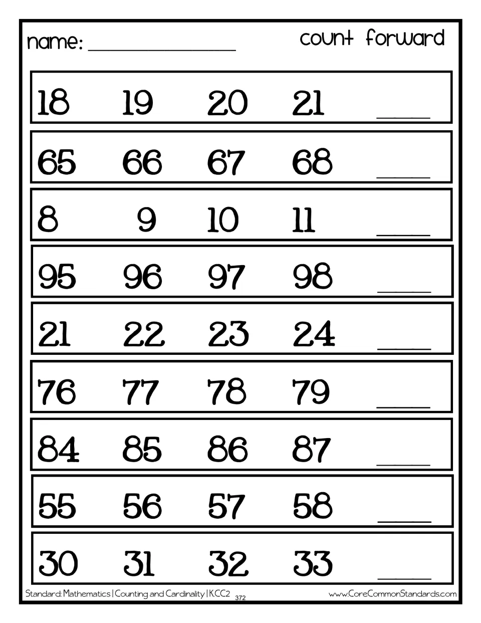Count forward recording worksheet for nine sequences, including 18–21 and 65–68, each missing the next number