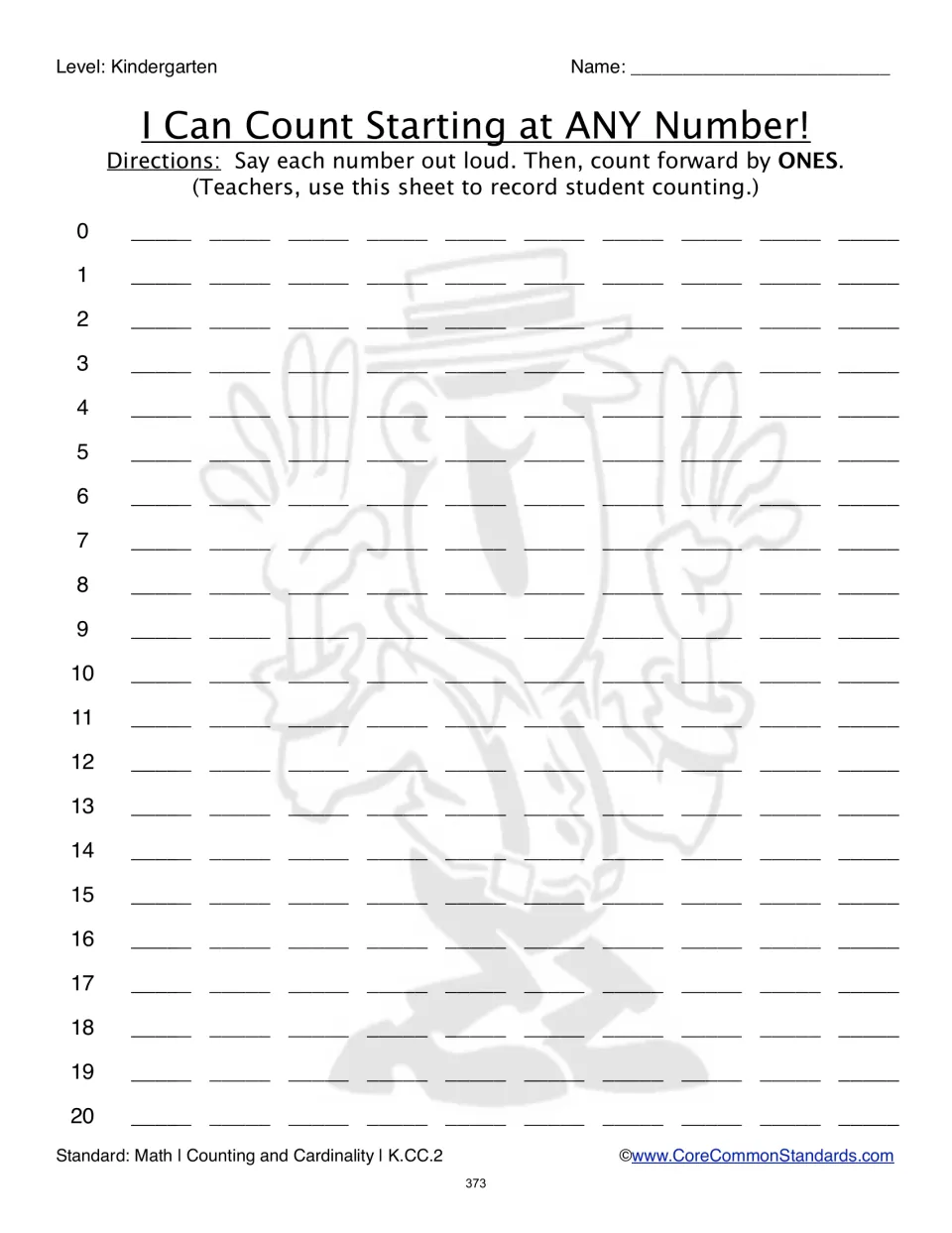 Oral-counting assessment sheet with starting numbers 0–20 and space for teachers to record counting by ones