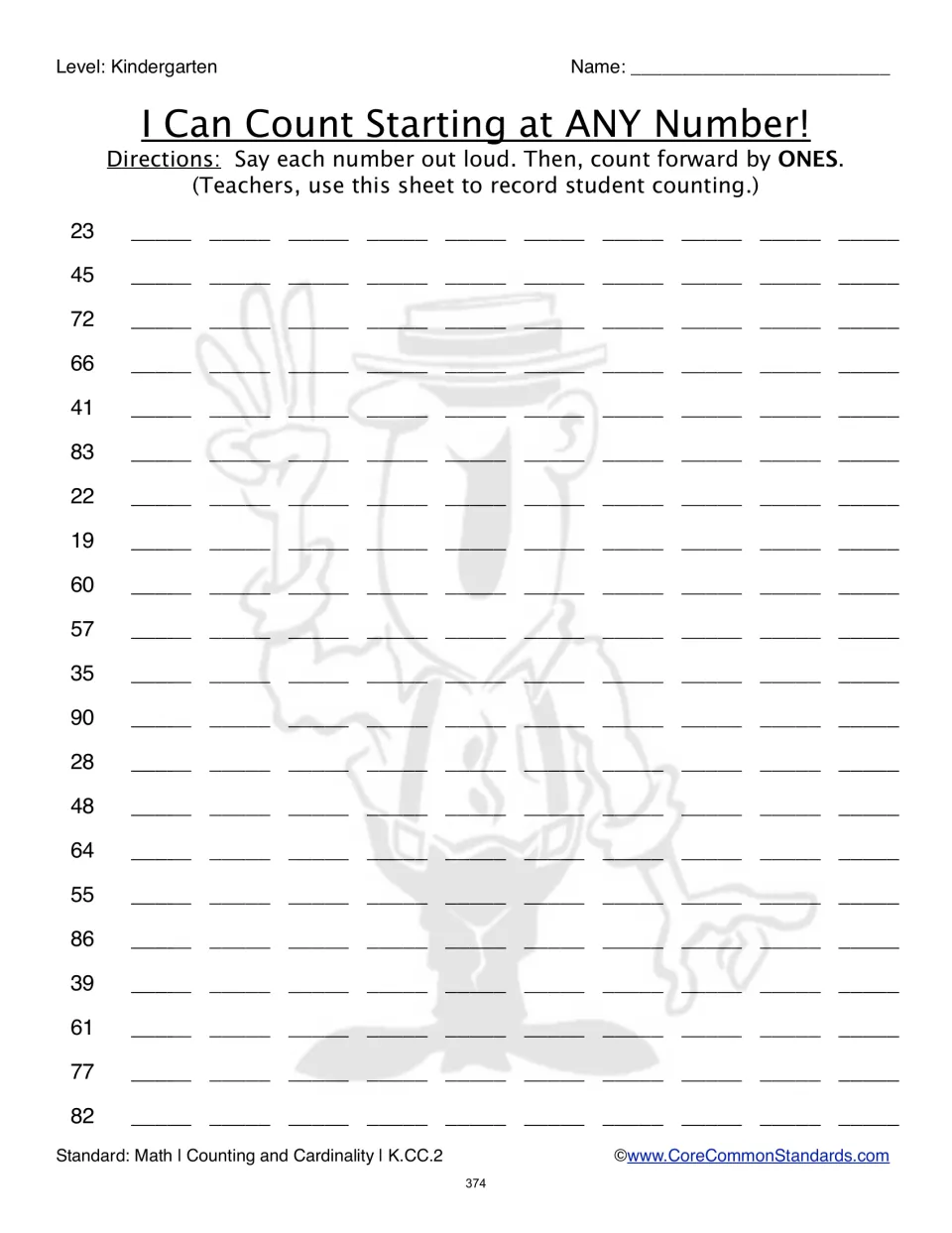 Oral-counting assessment sheet with 21 mixed starting numbers, including 23, 45, and 72, for counting by ones