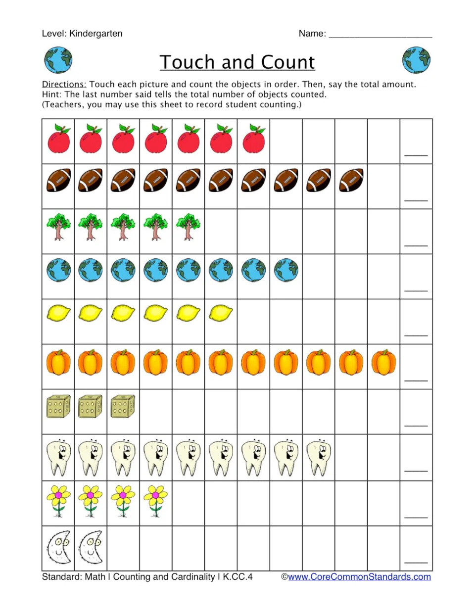 Touch and Count: students touch and count rows of apples, footballs, pumpkins, teeth and more, then say each total